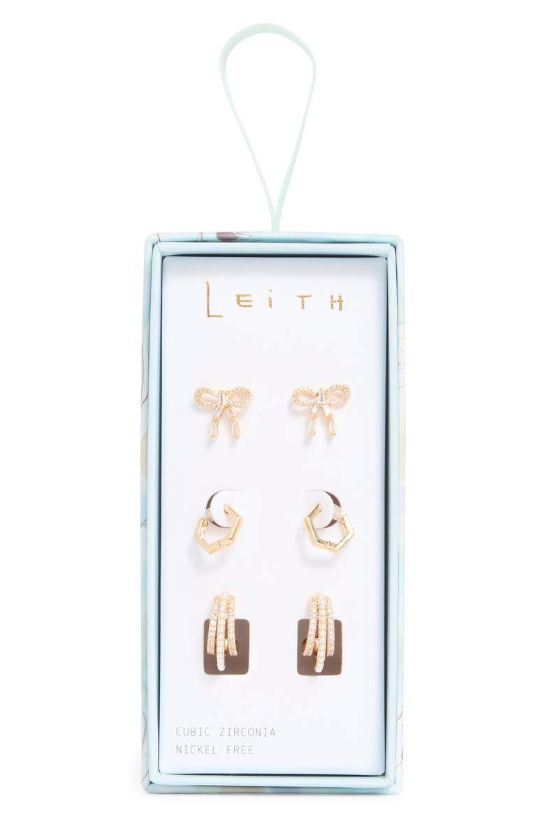 Set of 3 Assorted Stud & Huggie Hoop Earrings, Main, color, CLEAR- GOLD