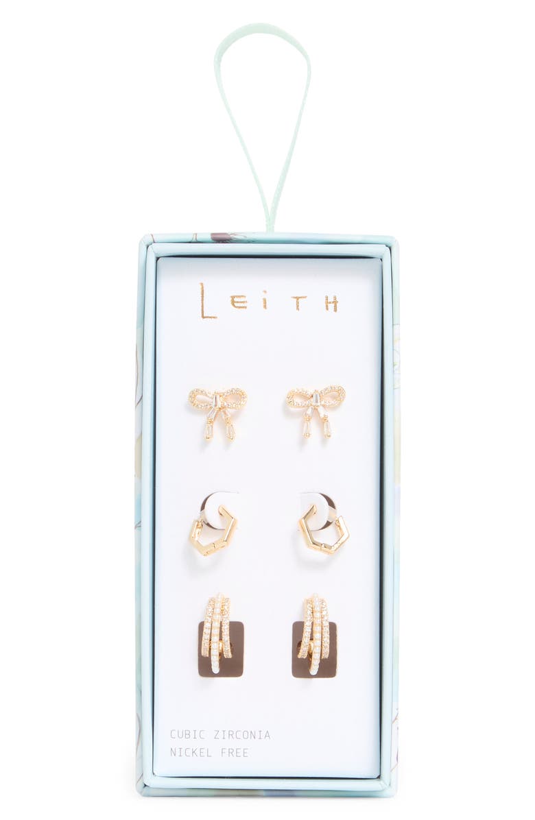 Leith Set of 3 Assorted Stud & Huggie Hoop Earrings, Main, color, Clear- Gold