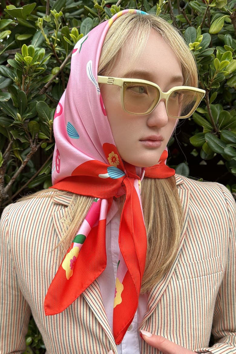 Cat Garden Gnome  Silk Large Square Scarf, Alternate, color, Pink