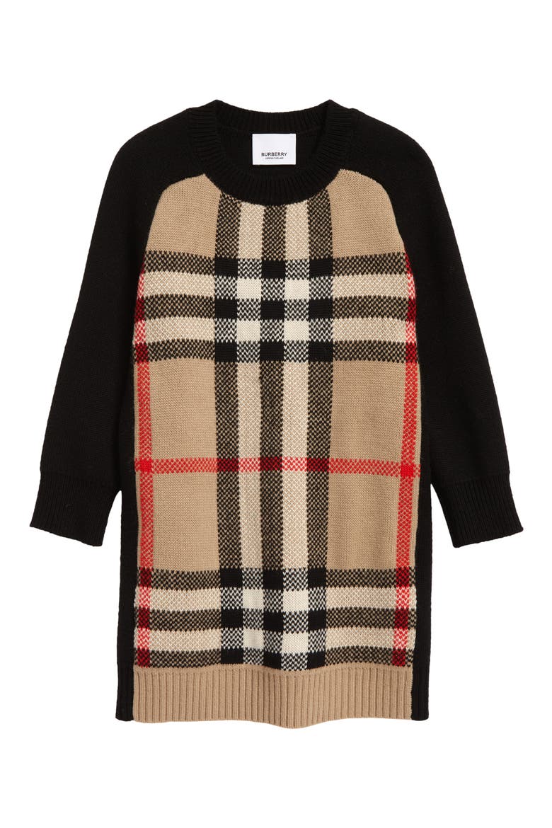 Kids' Dianne Check Merino Wool Blend Sweater Dress, Main, color, ARCHIVE BEIGE IP CHK