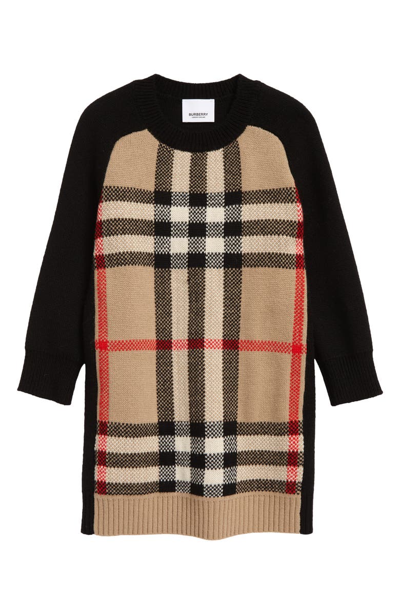 Burberry Kids' Dianne Check Merino Wool Blend Sweater Dress, Main, color,