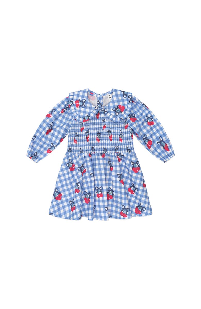 Huxbaby Cherry Gingham Shirred Dress, Main, color, Bijou Blue Check