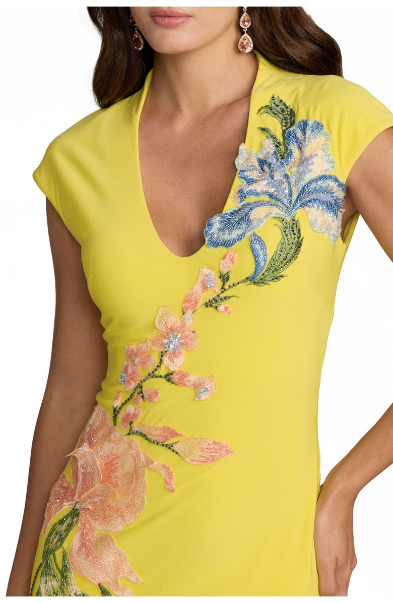 Mac Duggal Cap Sleeve Scoop Neck Jersey Floral Detail Gown, Alternate, color, Yellow Multi