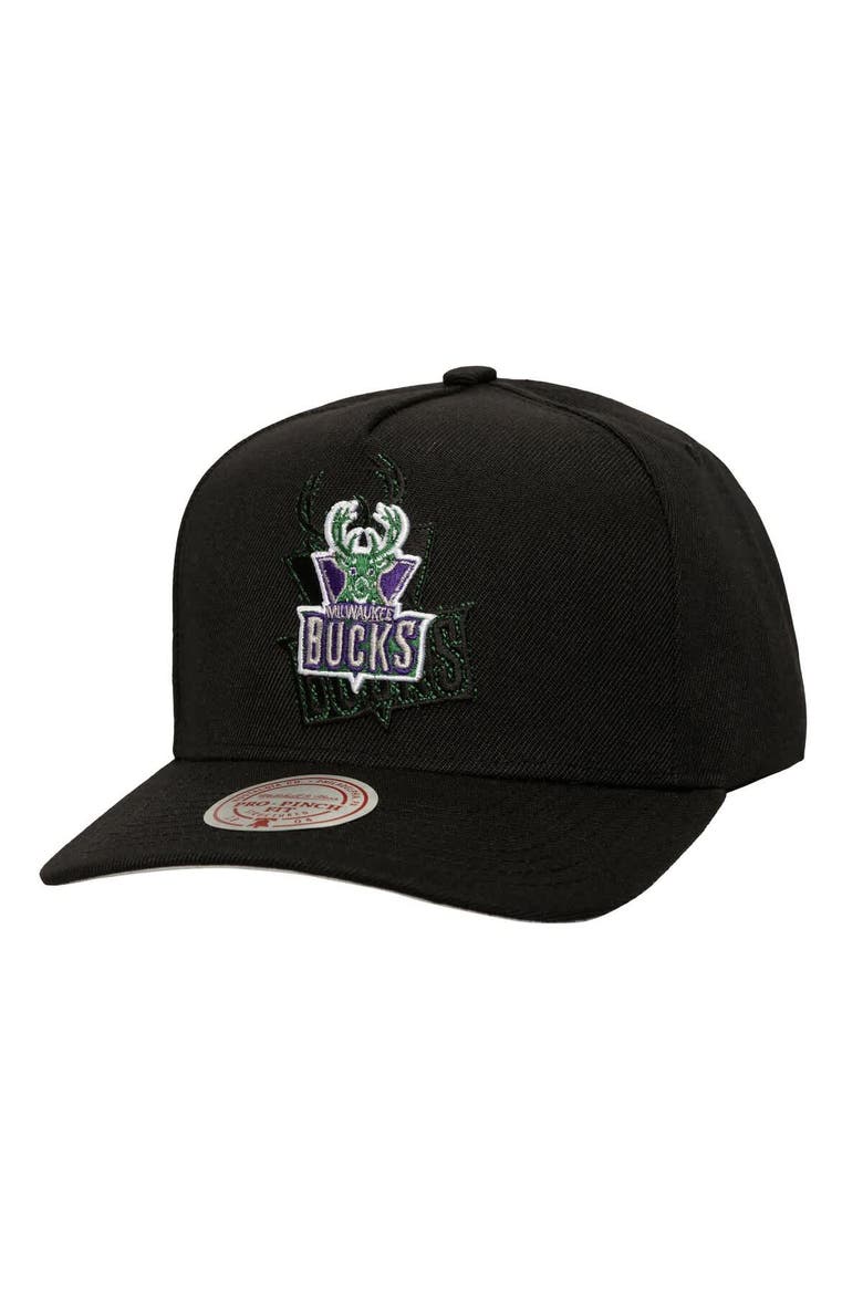 Men's Mitchell & Ness  Black Milwaukee Bucks Tilted Pro Pinch Adjustable Hat, Main, color, Black