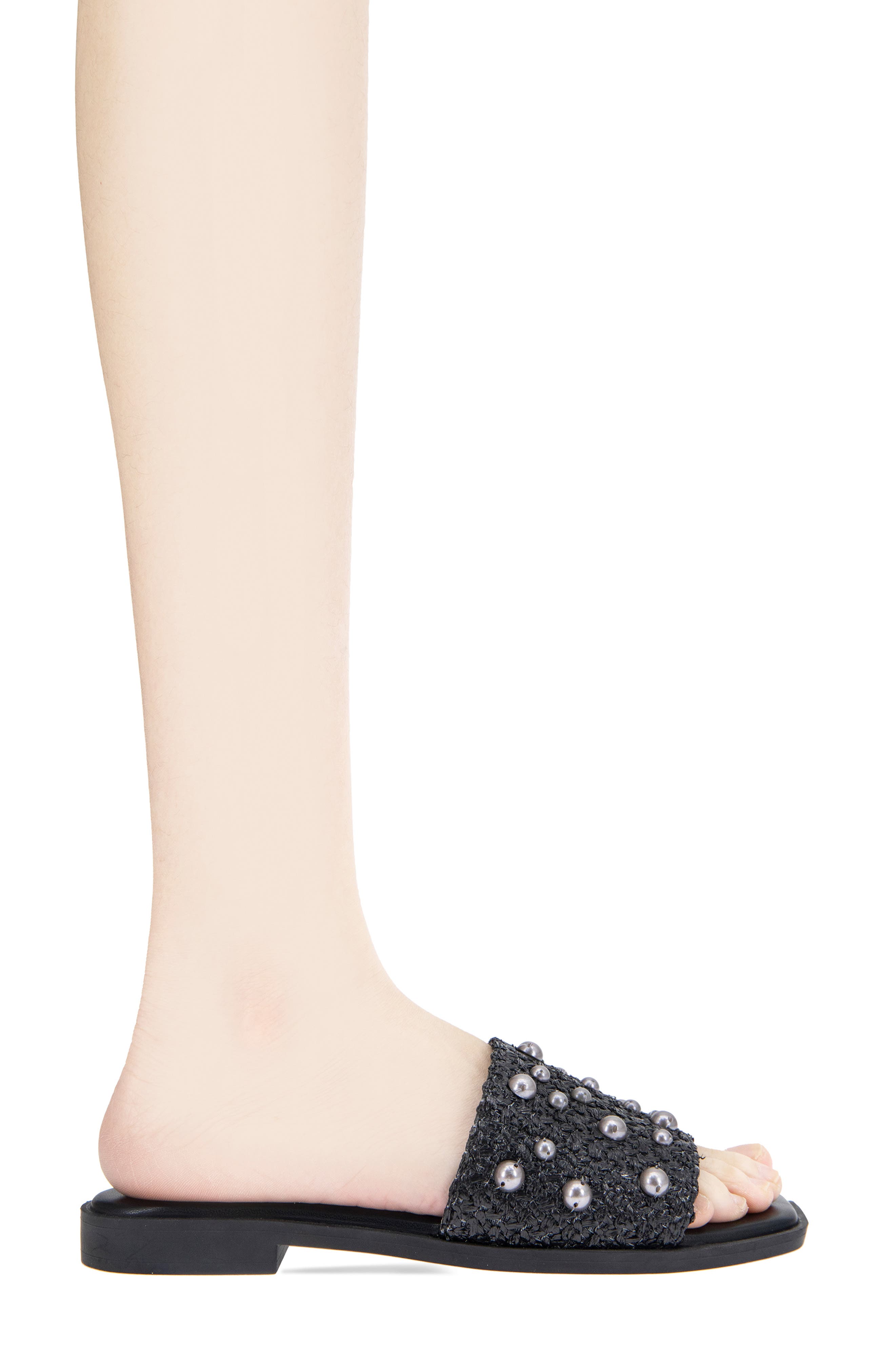 BCBGeneration Lonnie Imitation Pearl Slide Sandal, Alternate, color, Black Raffia