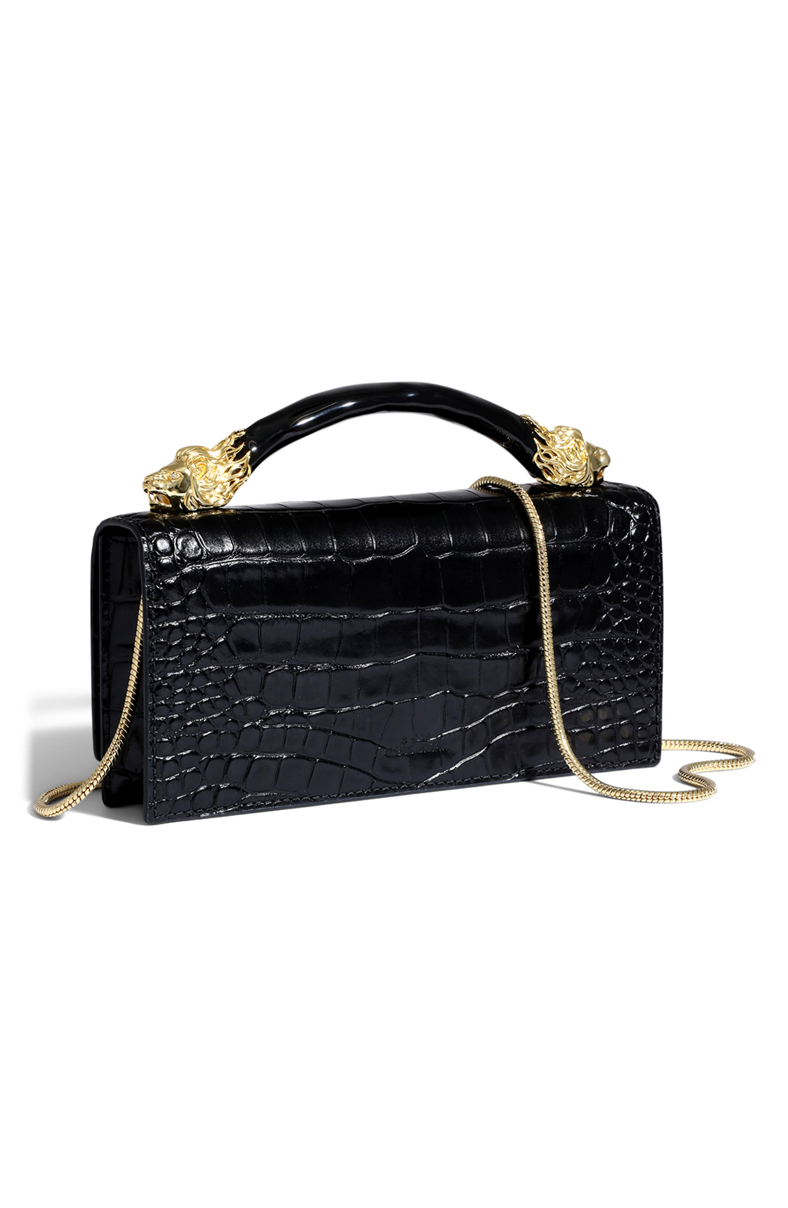Alexis Bittar Lioness Croc Embossed Leather Bag, Alternate, color, Black