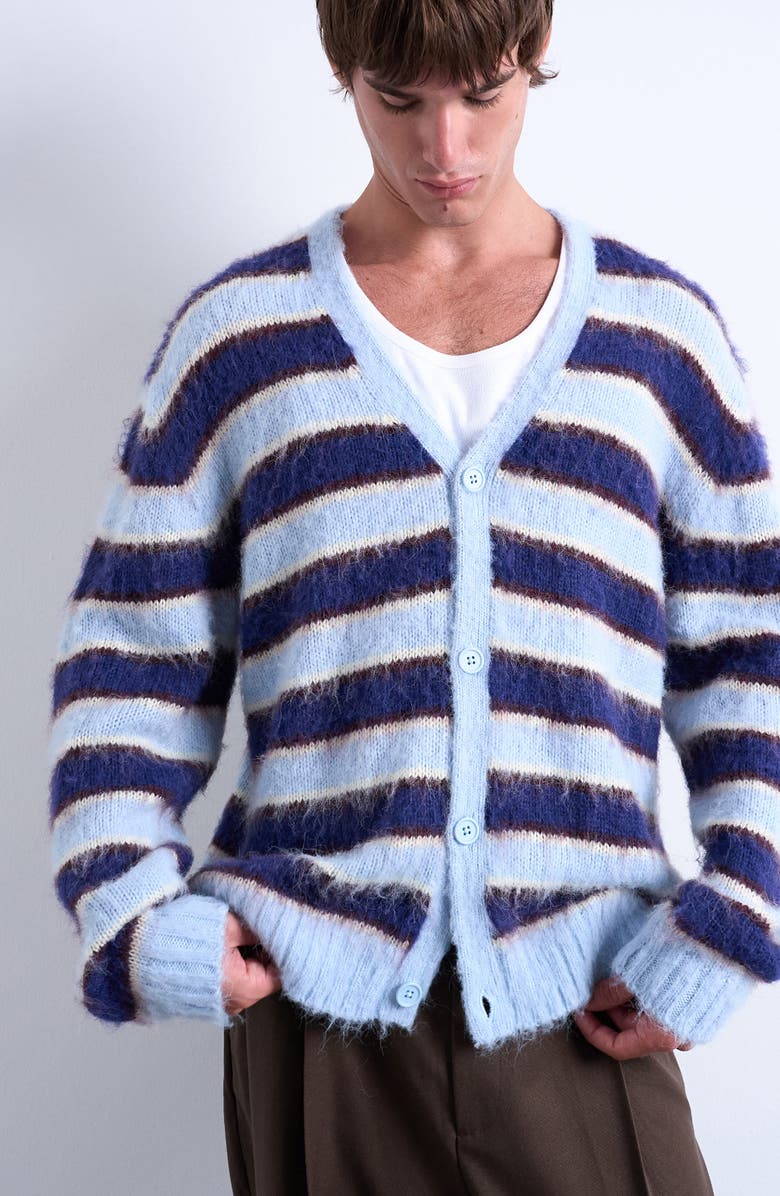 Topman Oversize Stripe Fluffy Cardigan, Alternate, color, Blue