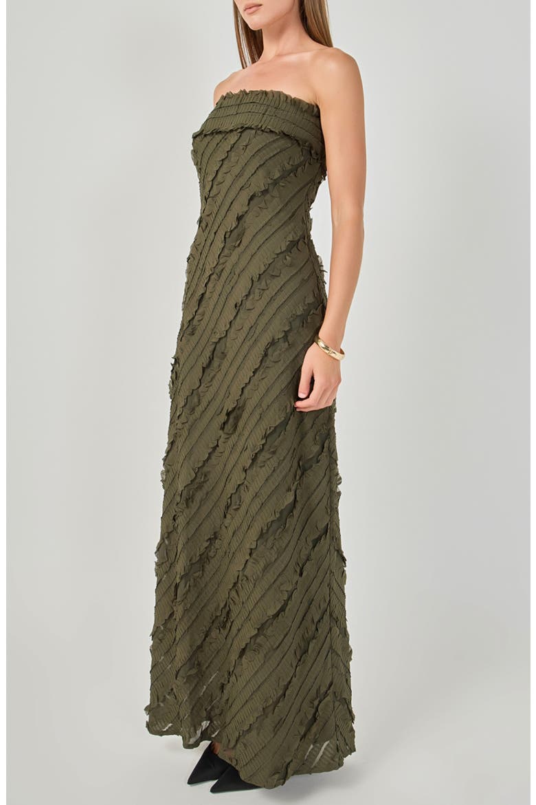 Ruffle Strapless Maxi Dress, Alternate, color, OLIVE BROWN