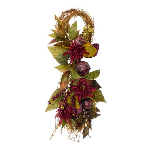 Mums and Pomegranate Fall Harvest Grapevine Twig Teardrop Swag - 28"