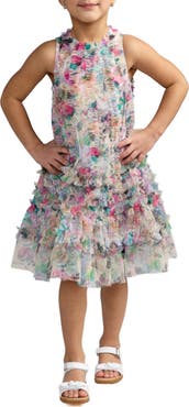 Mac Duggal Girls Mesh Floral Print A-Line Dress