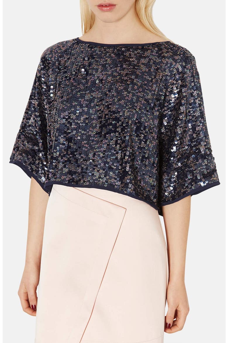 Draped Sequin Crop Top, Main, color, NAVY BLUE