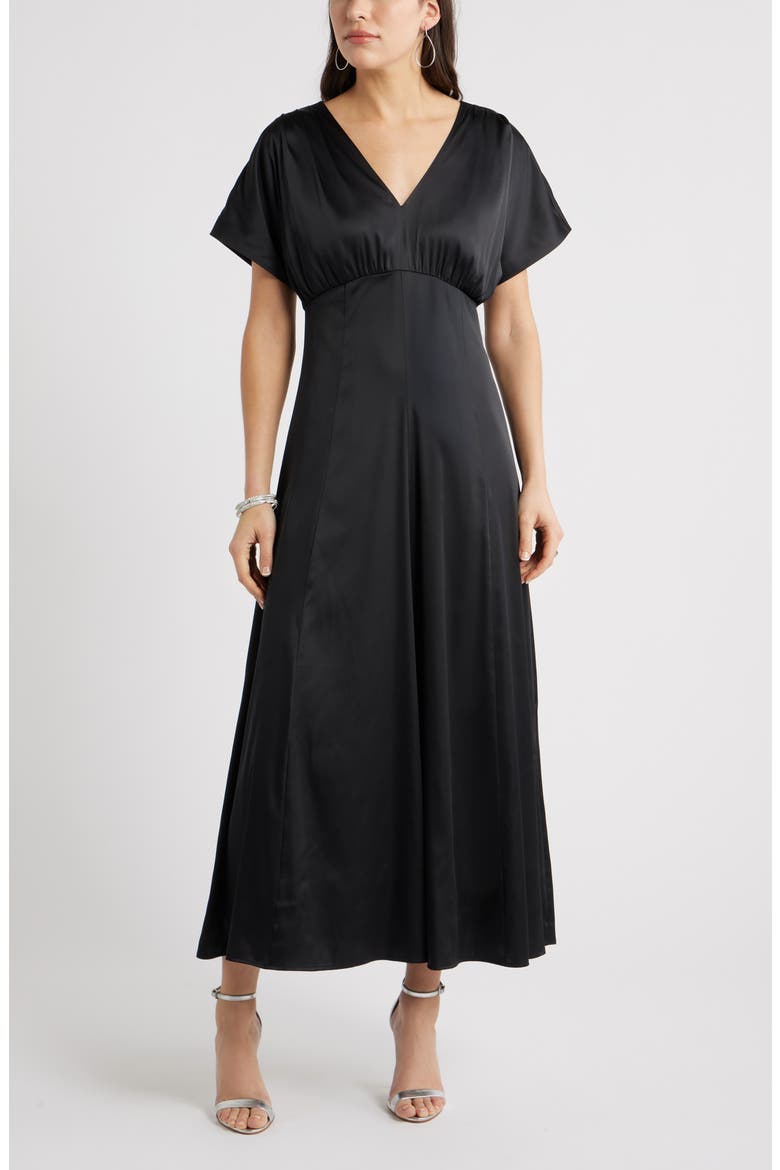 Seamed Stretch Satin Maxi Dress, Main, color, BLACK