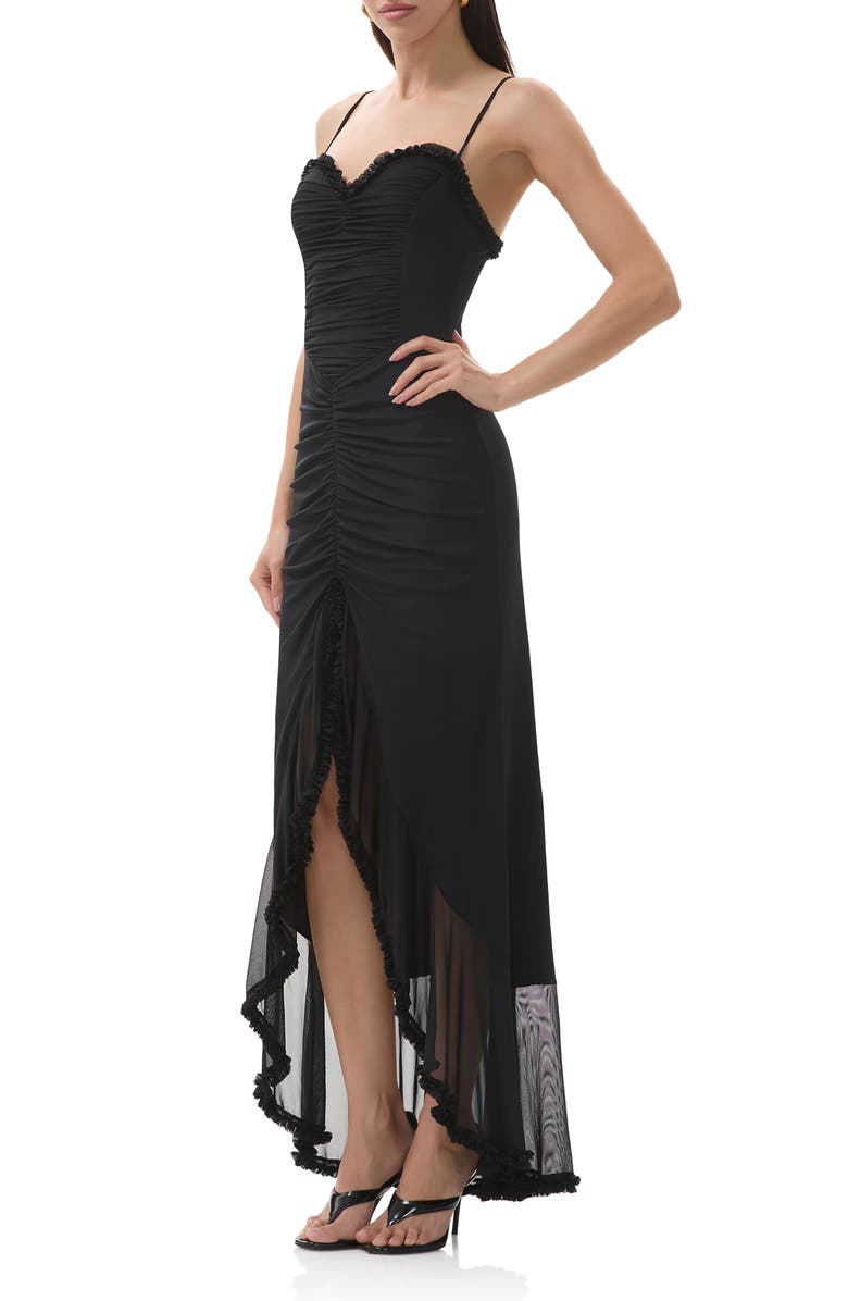AFRM Cassian Ruched Detail Crossback Mesh Gown, Alternate, color, Noir