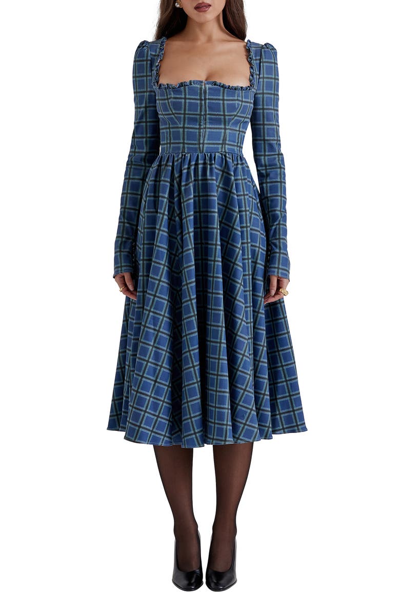 Delia Long Sleeve Midi Cocktail Dress, Main, color, BLUE TARTAN PRINT