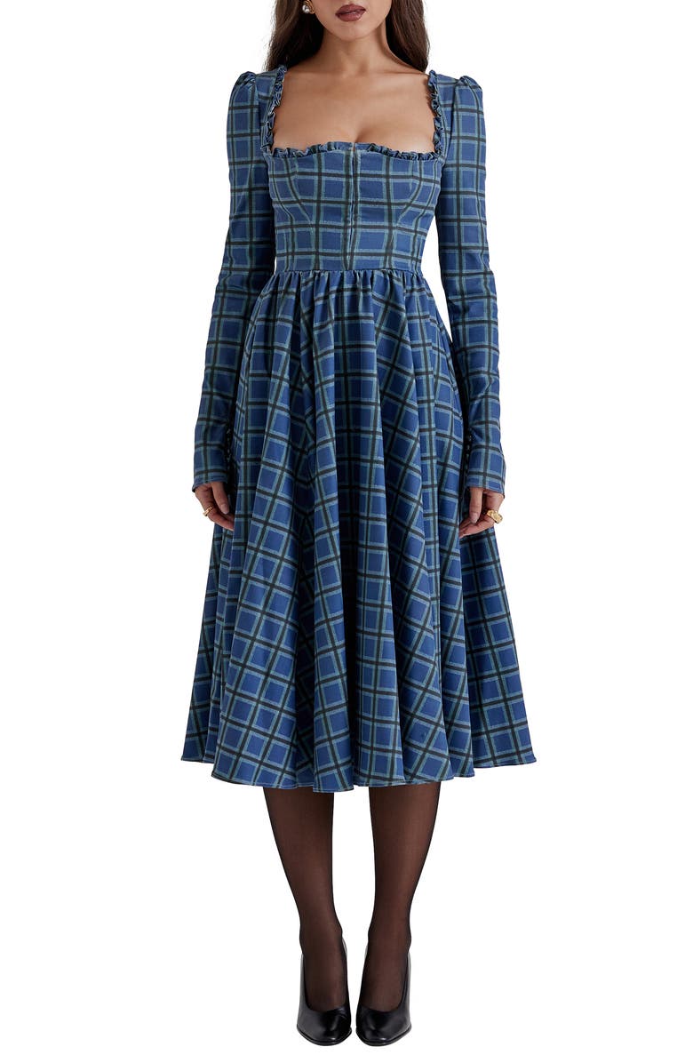 HOUSE OF CB Delia Long Sleeve Midi Cocktail Dress, Main, color, Blue Tartan Print