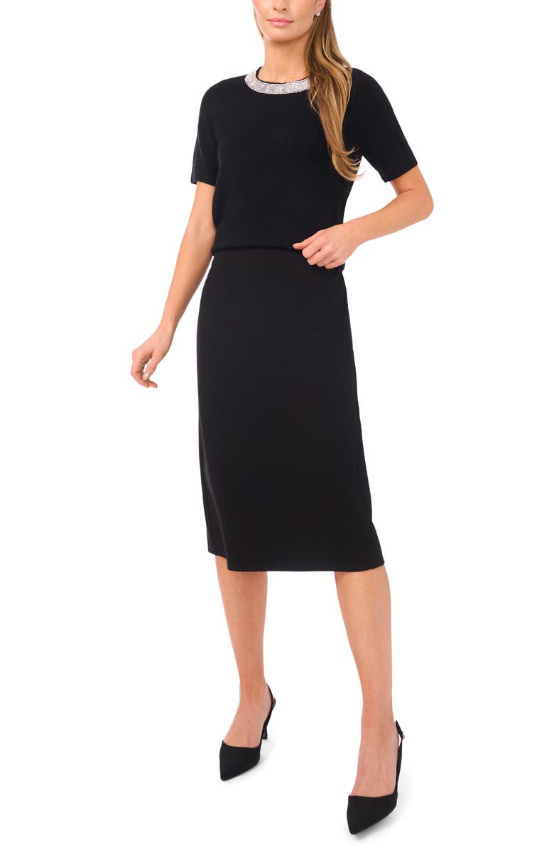 Halogen<sup>®</sup> Rhinestone Collar Short Sleeve Sweater, Alternate, color, Rich Black