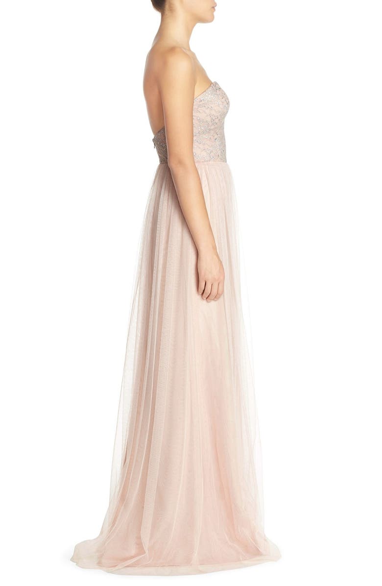 Hayley Paige Occasions Strapless Metallic Lace & Net Gown, Alternate, color,