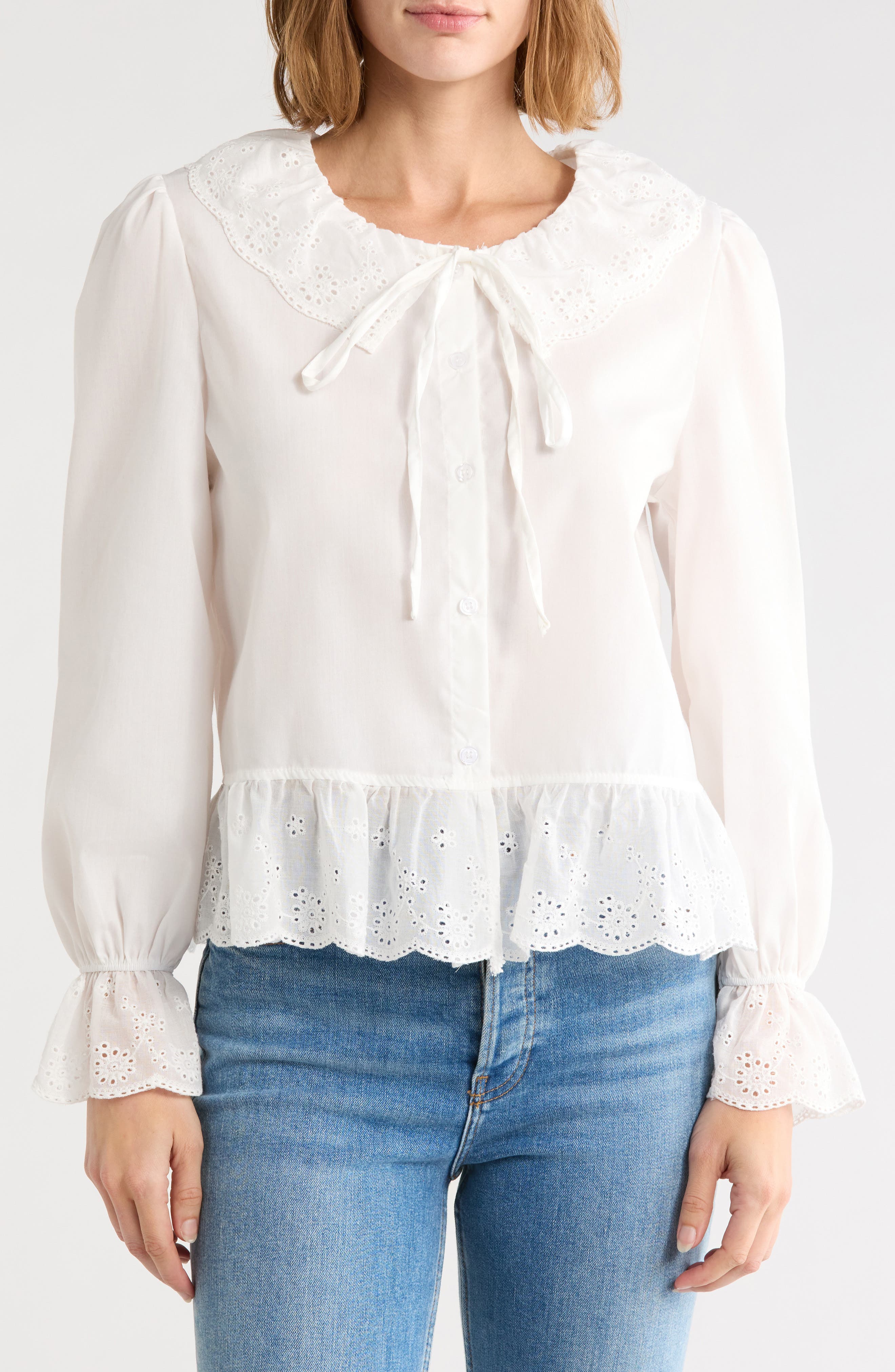 Scalloped Eyelet Collar Cotton Shirt