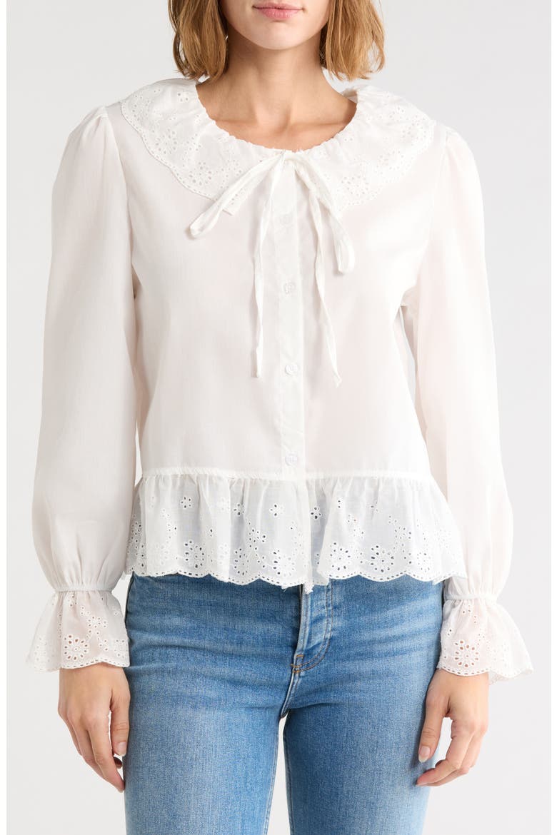 Scalloped Eyelet Collar Cotton Shirt, Main, color, WHITE