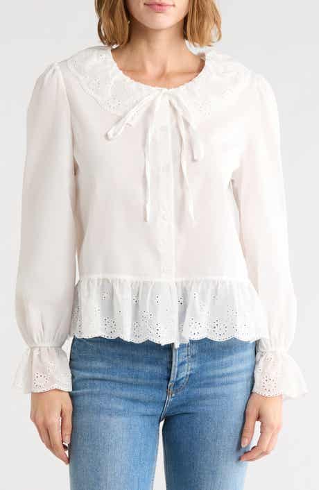 Scalloped Eyelet Collar Cotton Shirt