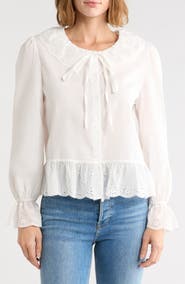 Forgotten Grace Scalloped Eyelet Collar Cotton Shirt