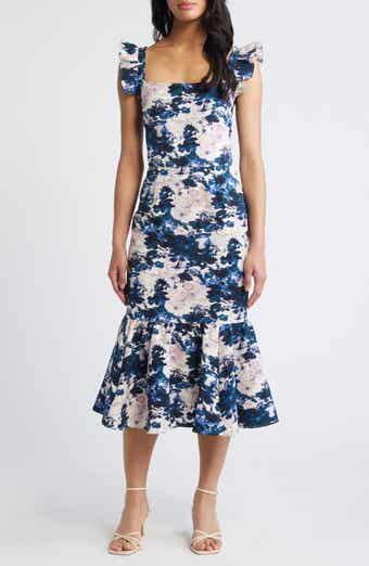 Chelsea28 Print Ruffle Sleeve Midi Dress in Ivory Navy Abstracted Garden at Nordstrom Size 1 x