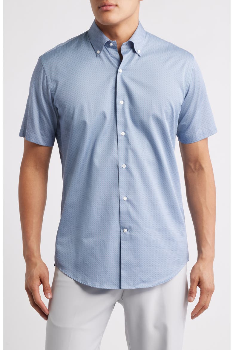 Keith Geometric Print Short Sleeve Button-Down Shirt, Main, color, RUDDY BLUE
