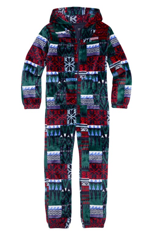 vineyard vines Kids' Holiday Print Fleece One-Piece Hooded Sleeper Romper in Fairisle Charlgrn 