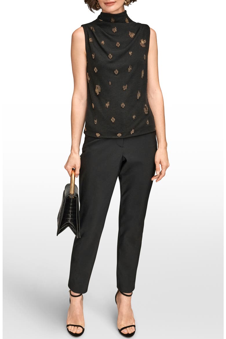 Embellished Ruched High Neck Sleeveless Knit Top, Alternate, color, BLACK