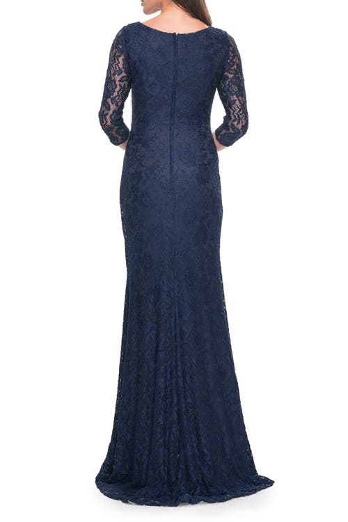 La Femme Stretch Lace Evening Dress With Ruching In Navy