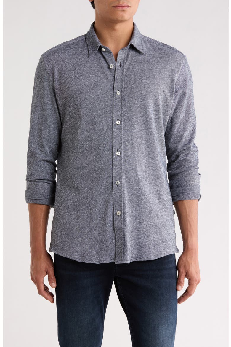 Roan Kent Long Sleeve Cotton & Linen Blend Button-Up Shirt, Main, color, DARK BLUE