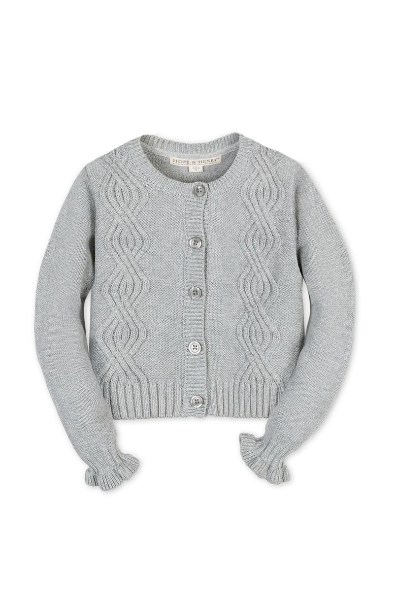 Hope & Henry Kids' Organic Cropped Ruffle Cuff Cable Sweater Cardigan, Main, color, Gray Heather