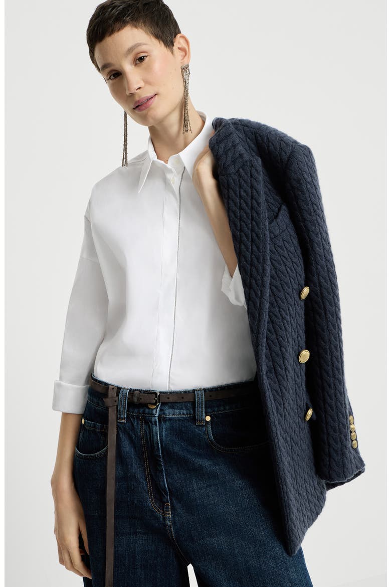 Stretch cotton poplin shirt with shiny trim, Alternate, color, White