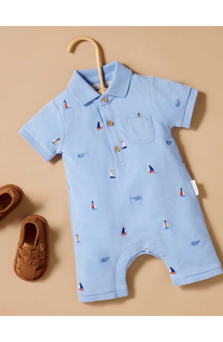 Purebaby Embroidered Polo Romper, Alternate, color, Yacht Broderie