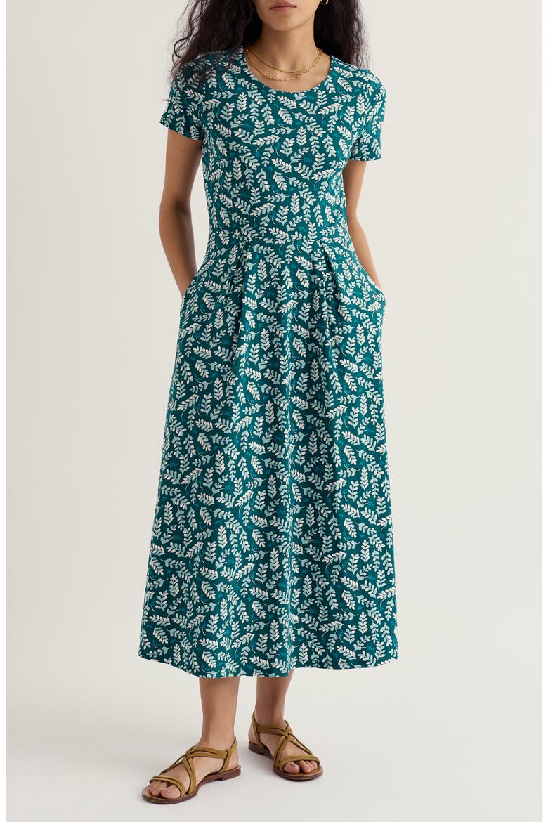 Veronica Print Stretch Organic Cotton Jersey Midi Dress, Main, color, INDIGO LEAF DARK WRECKAGE