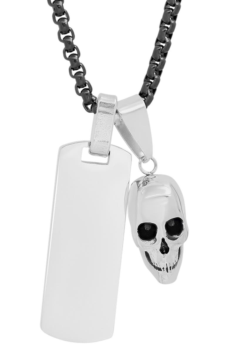 HMY JEWELRY Two-Tone Stainless Steel Skull & Dog Tag Pendant Necklace, Alternate, color, Metallic-Black