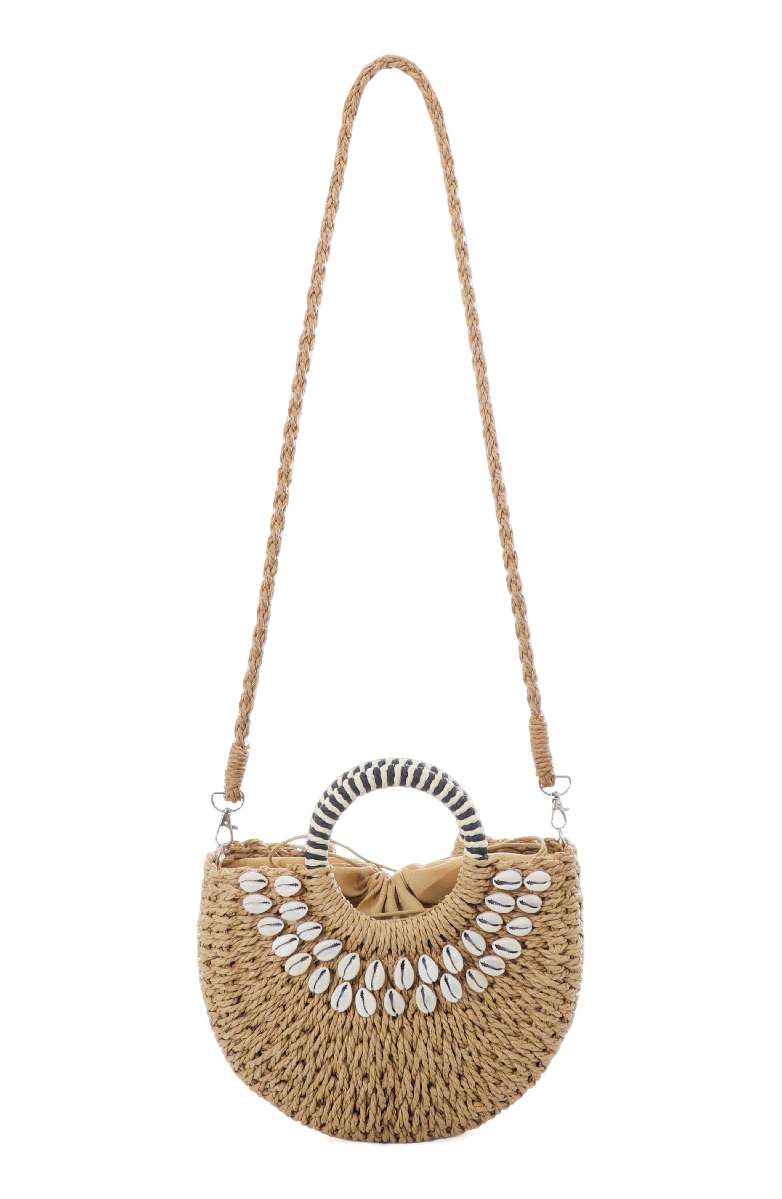 Adornia Basket Arc Handle Shell Embellished Straw Handbag, Alternate, color, Brown
