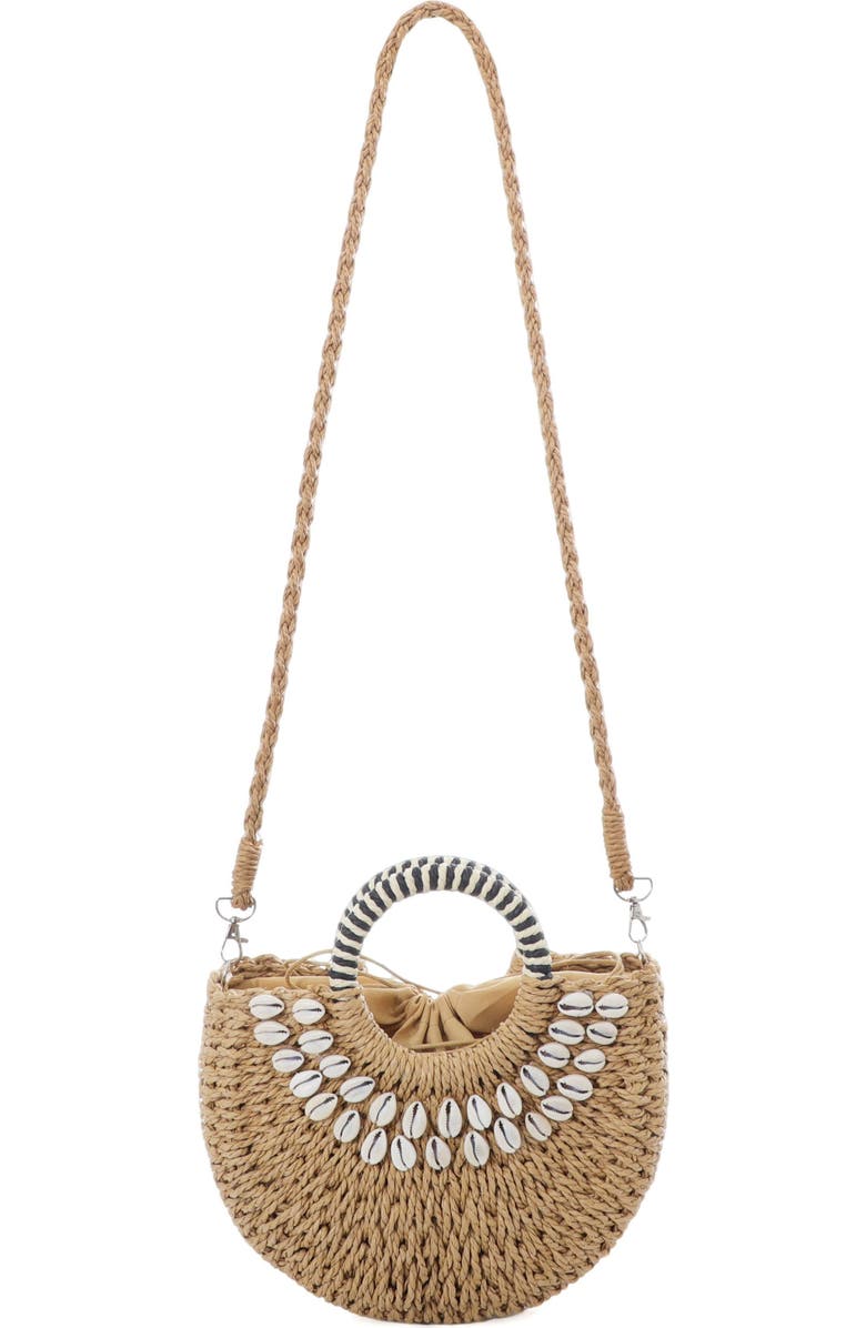 Adornia Basket Arc Handle Shell Embellished Straw Handbag, Alternate, color, Brown