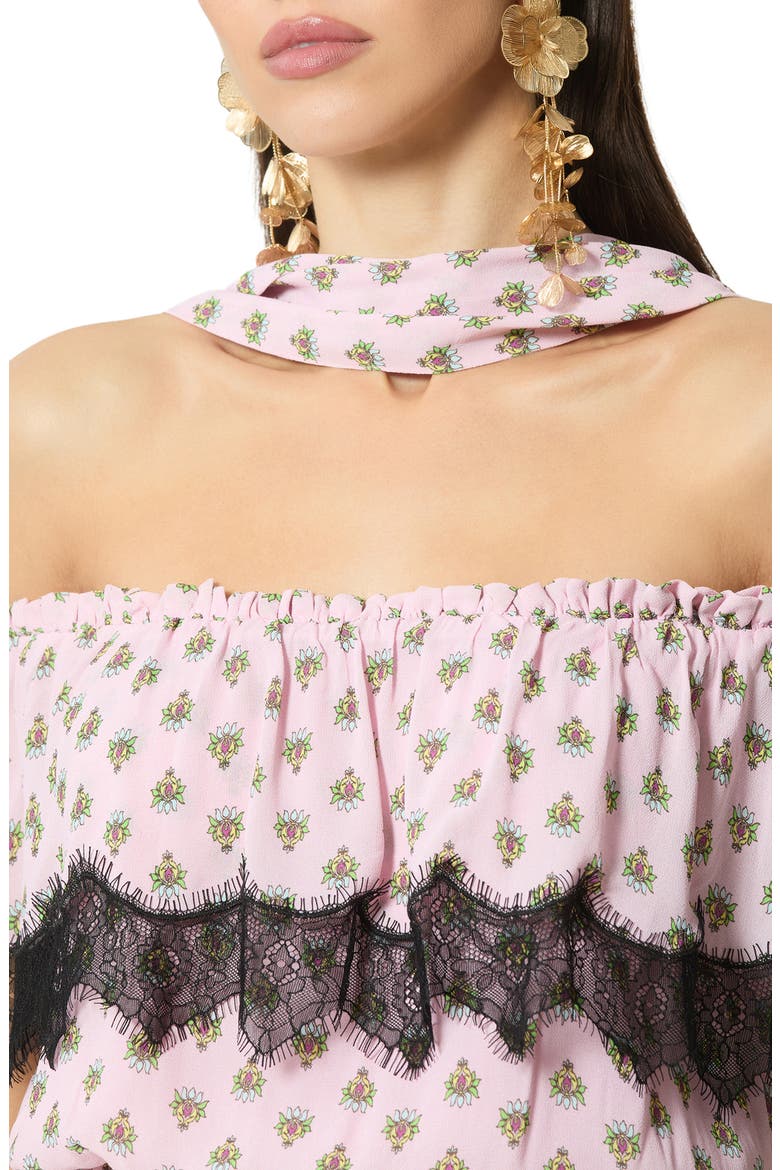 Emun Crocus Scarf Print Off the Shoulder Romper with Removable Scarf, Alternate, color, CROCUS FOULARD