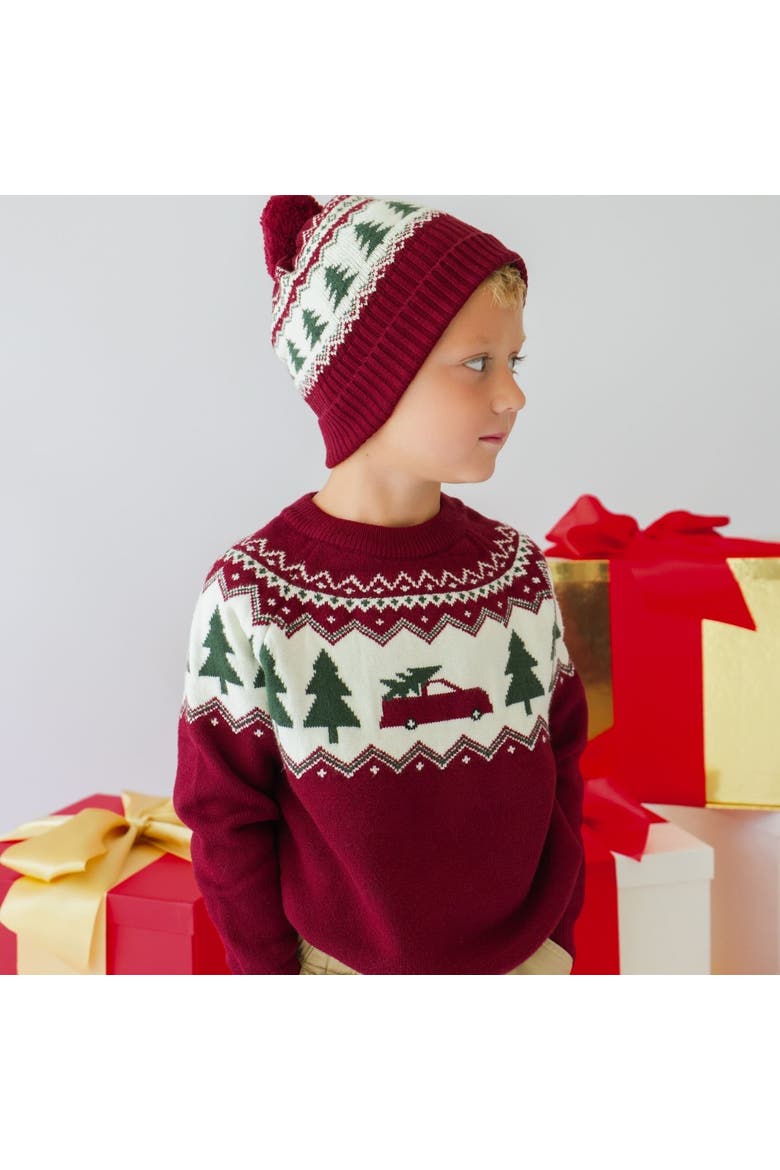 Christmas Tree Fair Isle Beanie, Alternate, color, Burgundy