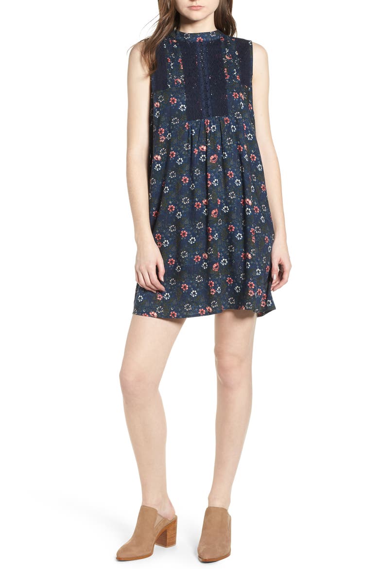Lace Detail Minidress, Main, color, NAVY DENIM WOOL FLOWER