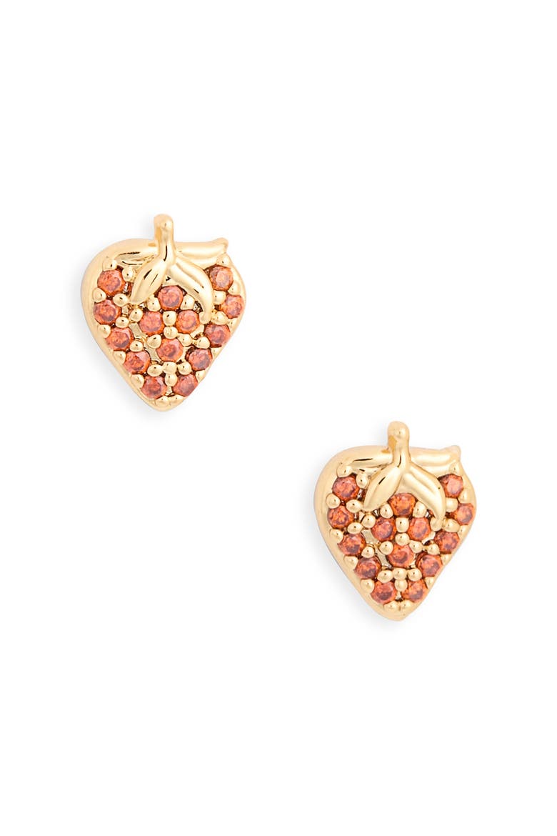 pavè strawberry stud earrings, Alternate, color, RED/ GOLD
