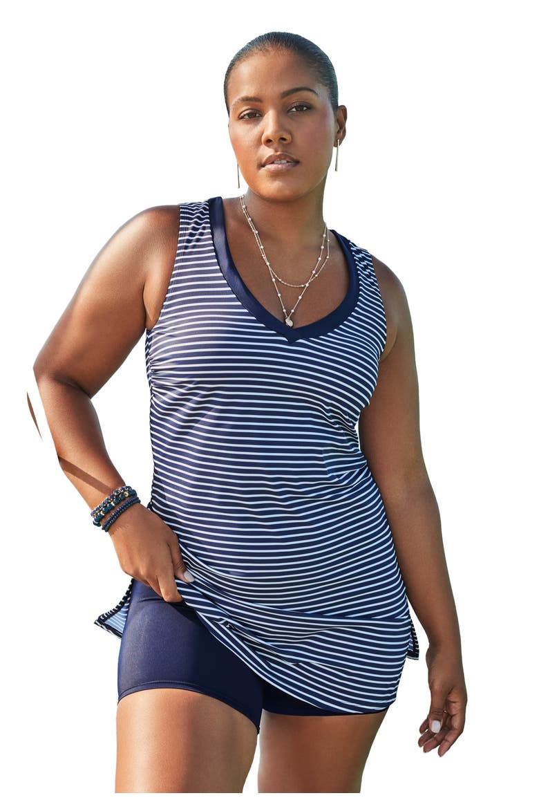 Chlorine Resistant V Neck Two Piece Swimdress, Main, color, Navy White Stripes