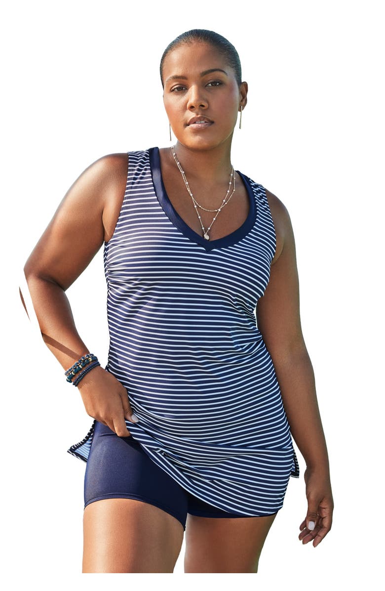 Swimsuits for All Chlorine Resistant V-Neck Two-Piece Swimdress, Main, color, Navy White Stripes