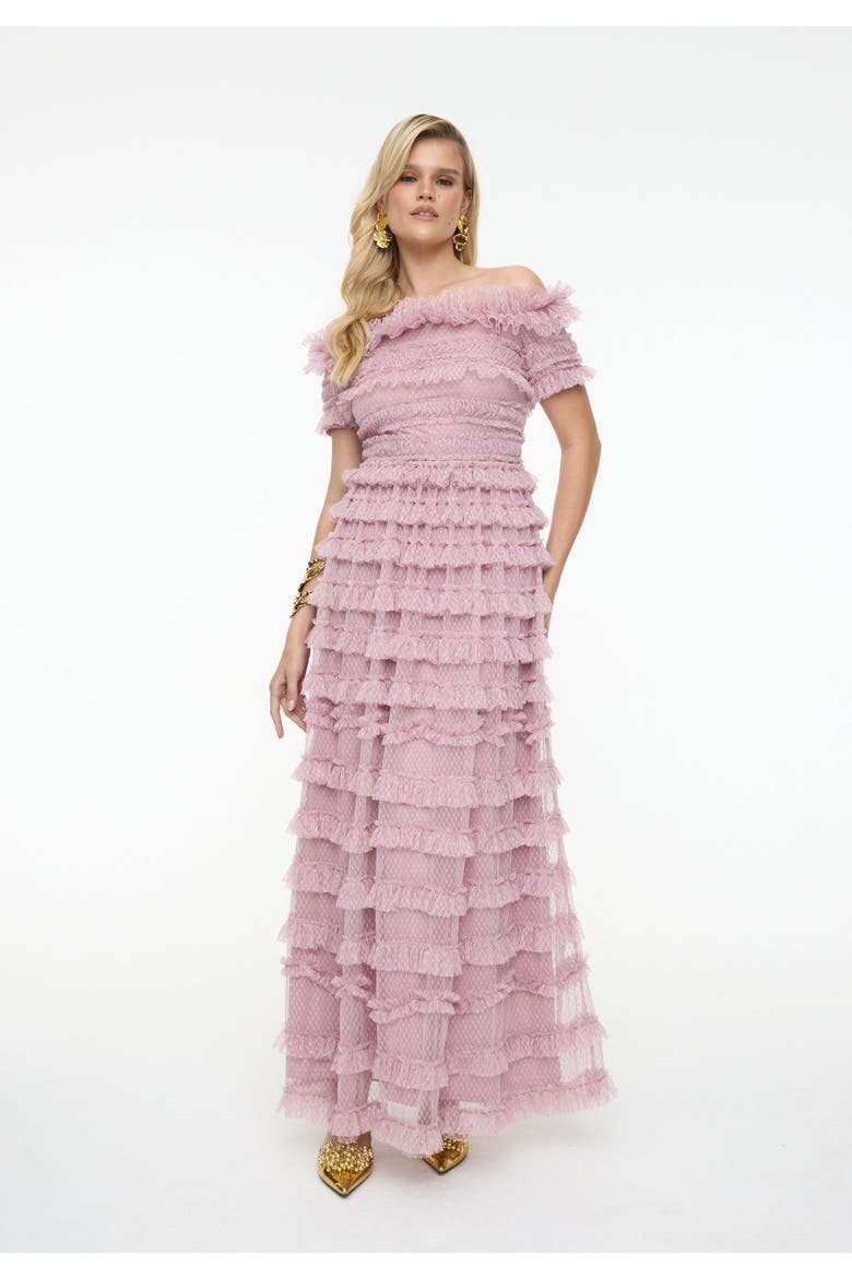 Ruffle Off-Shoulder Mesh Maxi Dress, Main, color, FROSTED PINK