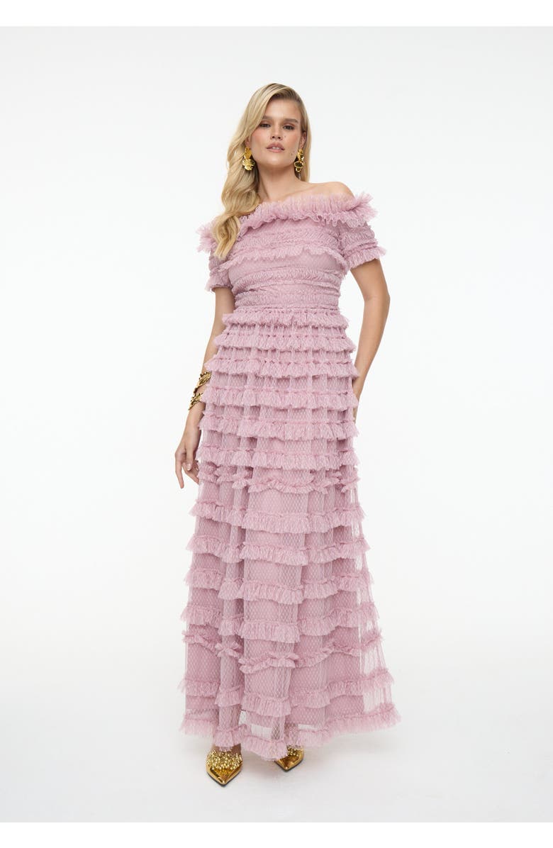 BEAUUT Ruffle Off-Shoulder Mesh Maxi Dress, Main, color, Frosted Pink