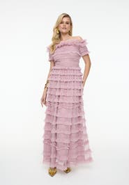 BEAUUT Ruffle Off-Shoulder Mesh Maxi Dress