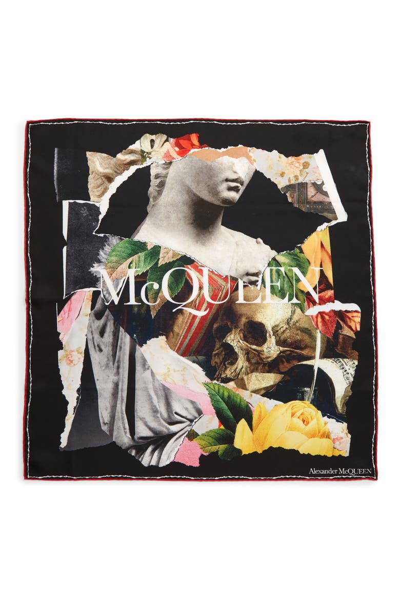 Alexander McQueen Torn Print Silk Bandana, Main, color, 1078 BLACK/ IVORY