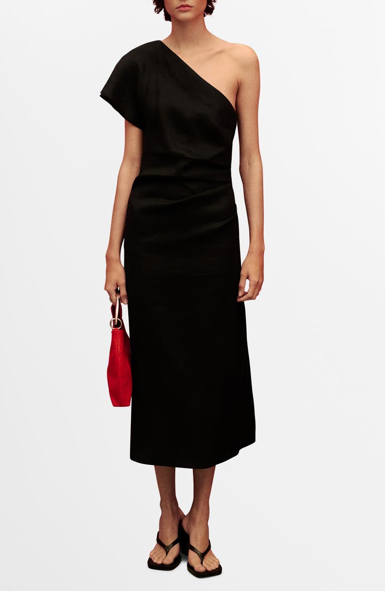 MANGO One-Shoulder Linen Midi Dress, Alternate, color, Black