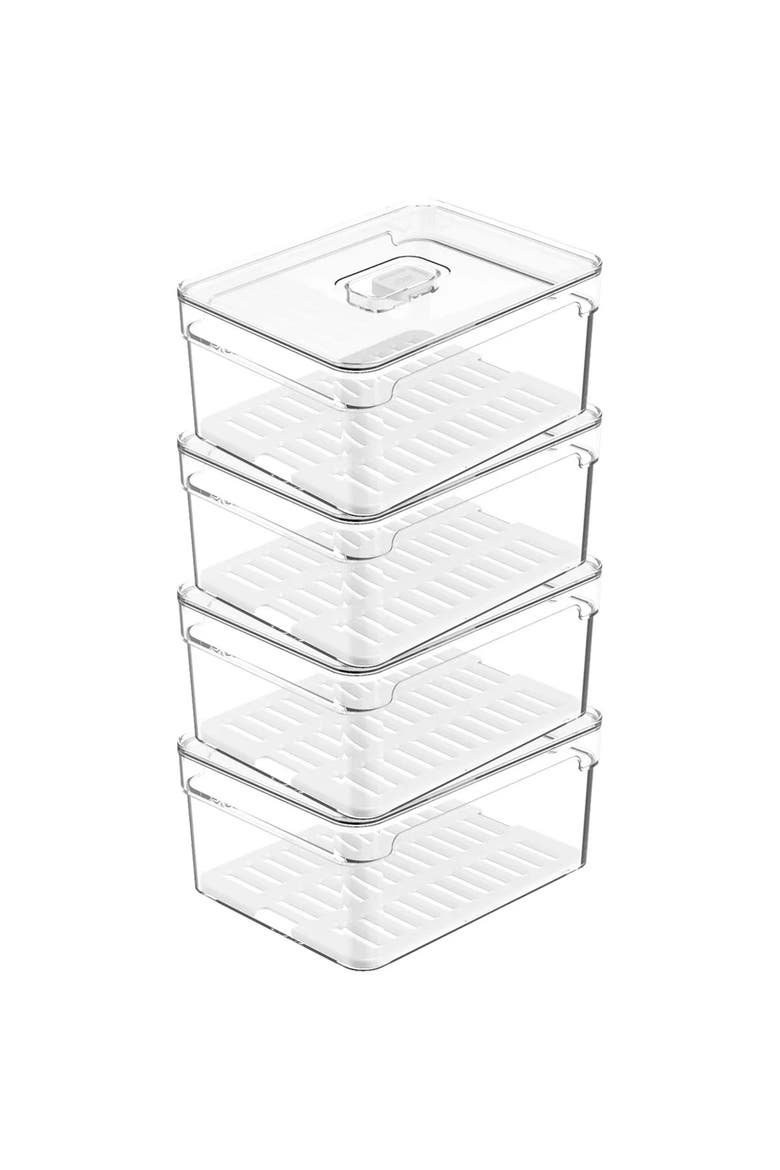 Clear Stackable Fridge Organizer Bin with Drain Tray and Vented Lid, 4 Pack, Main, color, Clear with White Drainer